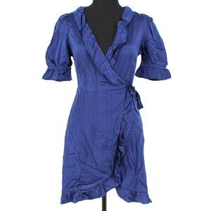 Hill House Home Nima Robe Ruffle Navy Blue Washable Silk Mini Dress XS Short